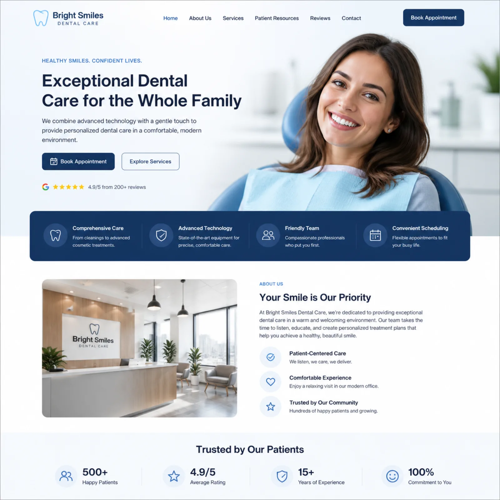 Dental practice website built by Slash showing trust-forward homepage with appointment booking CTA above the fold