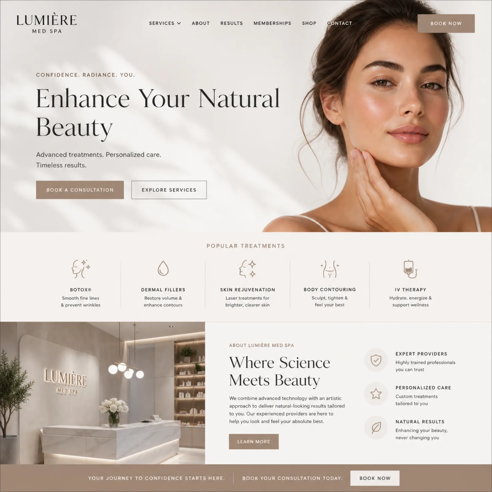 Med spa website built by Slash with AI-accelerated process showing booking-focused homepage above the fold