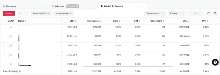 TikTok Ads dashboard showing campaign performance results